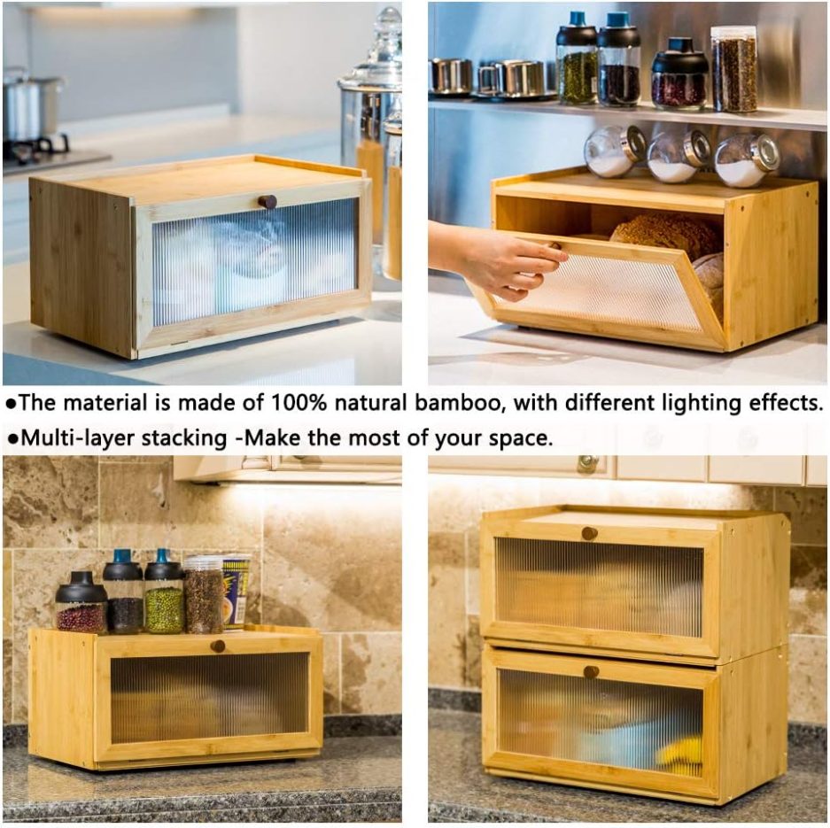 Bamboo Bread Box for Kitchen Counter-Large Capacity Bread Storage Container Farmhouse Bread Box with Window Bread Holder - Image 2