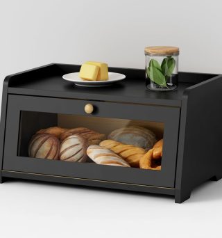 Black Bread Box for Kitchen Countertop, Vintage Wooden Counter Breadbox, Homemade Bread Storage Container for Sourdough Loaf, Small Farmhouse Corner Kitchen Countertop Organizer for Cabinet
