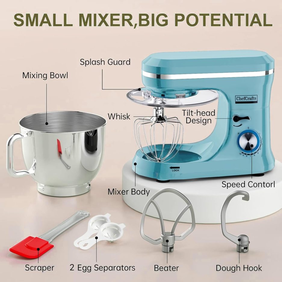 Electric Stand Mixer with 6.5 Quart Bowl, Household Food Mixer 10+p Speeds 660W, Kitchen Tilt-Head Bread Dough and Cake Mixers with Dough Hook, Whisk, Beater, Splash Guard and Egg Separator (Blue) - Image 2