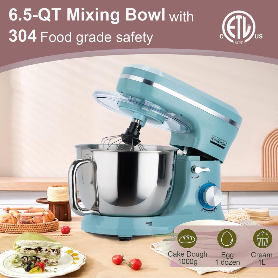Electric Stand Mixer with 6.5 Quart Bowl, Household Food Mixer 10+p Speeds 660W, Kitchen Tilt-Head Bread Dough and Cake Mixers with Dough Hook, Whisk, Beater, Splash Guard and Egg Separator (Blue) - Image 4