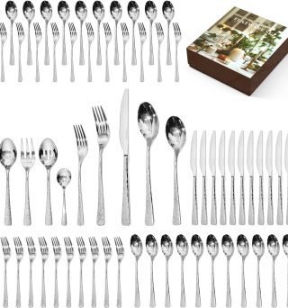 KINGSTONE Hammered Silverware Set, Flatware Set with Serving Utensils, 18/10 Stainless Steel Premium Cutlery with Unique Ripple Handles Design Mirror Polished - Dishwasher Safe (65-Piece)