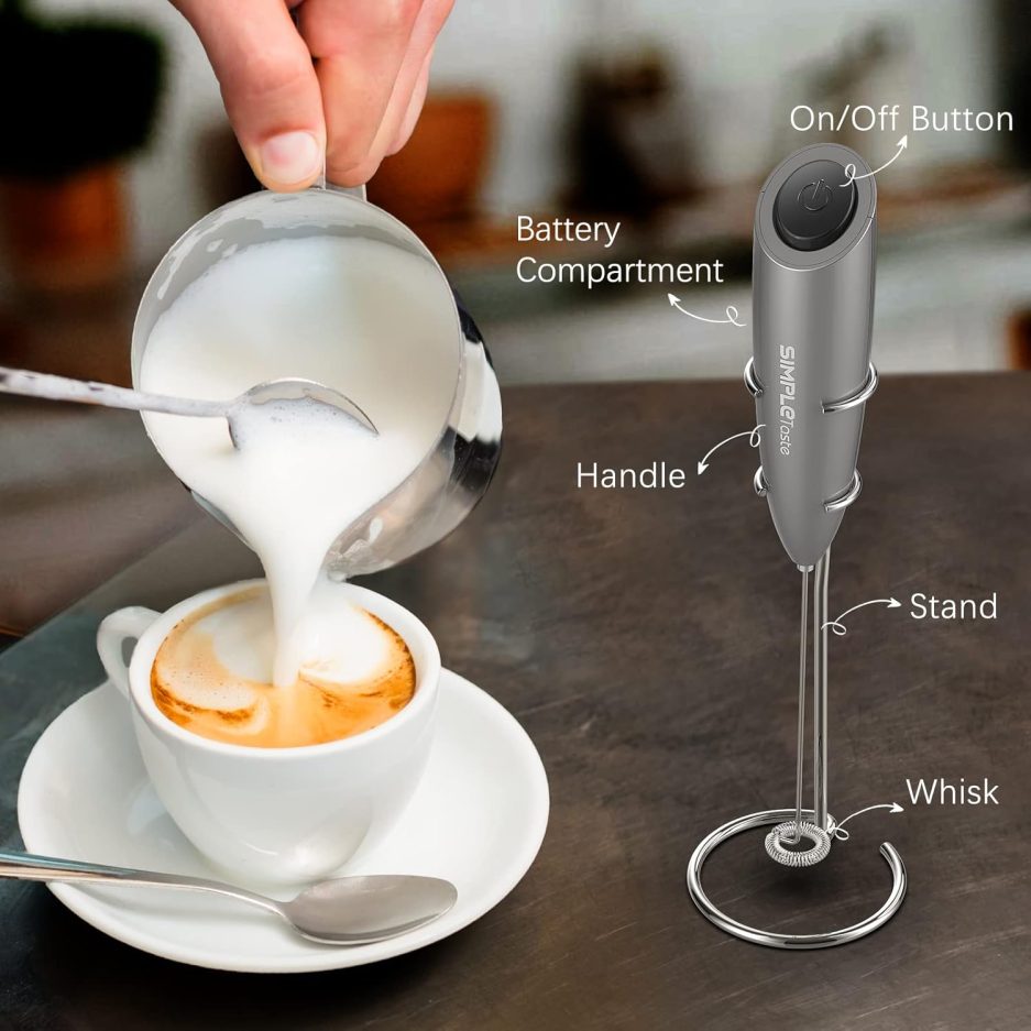 SIMPLETaste Milk Frother Handheld Battery Operated Electric Foam Maker, Drink Mixer with Stainless Steel Whisk and Stand for Cappuccino, Bulletproof Coffee, Latte - Image 4